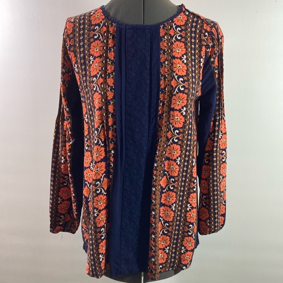 Matilda Jane Top/Blouse Women Size S Orange Floral w Navy inserts Elastic Sleeve - Picture 1 of 10